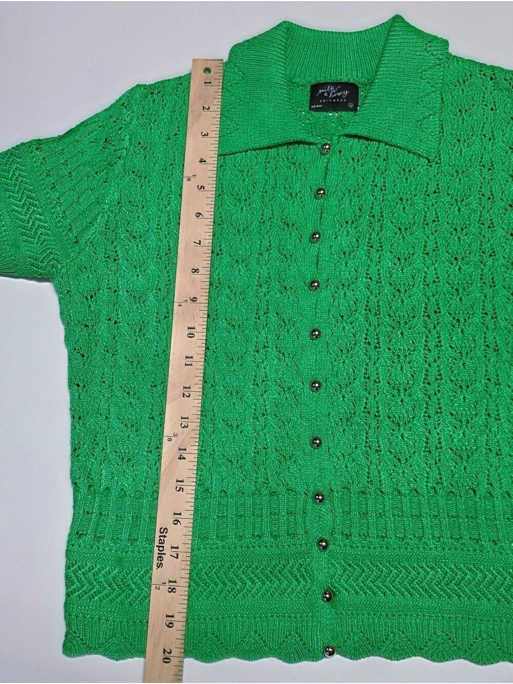 Milk & Honey Green Open Knit Button Front Collared Top Medium New With Tag - Picture 8 of 9